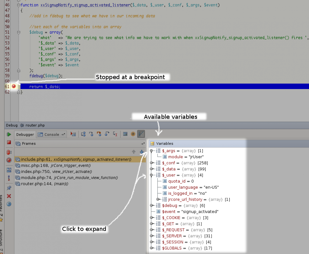 variables in a debugger